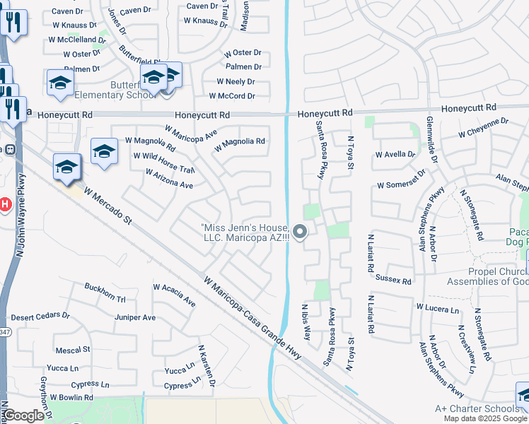 map of restaurants, bars, coffee shops, grocery stores, and more near 43211 West Kimberly Street in Maricopa