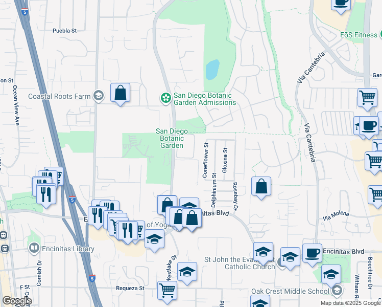map of restaurants, bars, coffee shops, grocery stores, and more near 1108 Quail Gardens Court in Encinitas