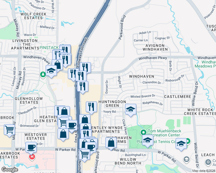 map of restaurants, bars, coffee shops, grocery stores, and more near 5920 Hempstead Drive in Plano