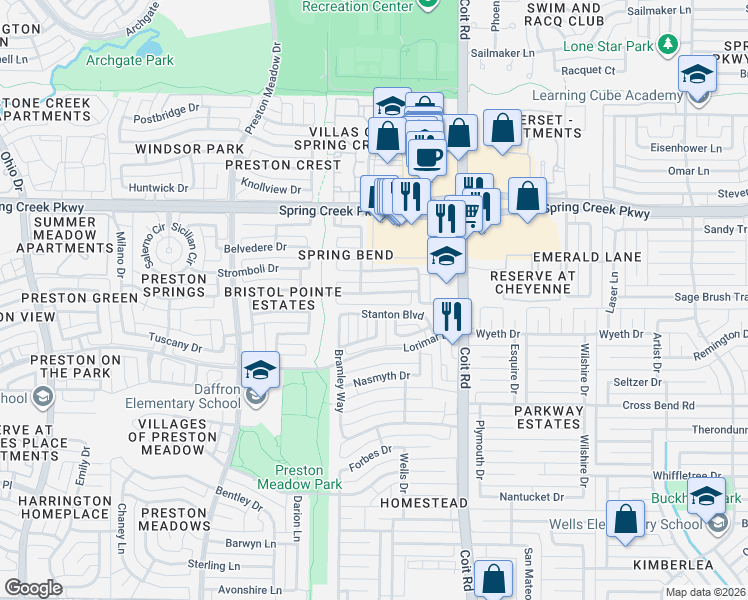 map of restaurants, bars, coffee shops, grocery stores, and more near 4217 Stanton Boulevard in Plano