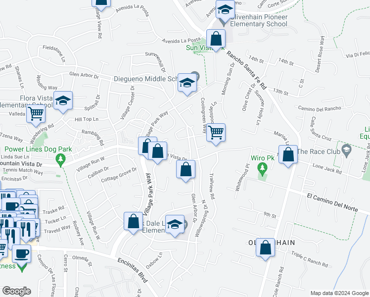 map of restaurants, bars, coffee shops, grocery stores, and more near 2020 Leafwood Place in Encinitas