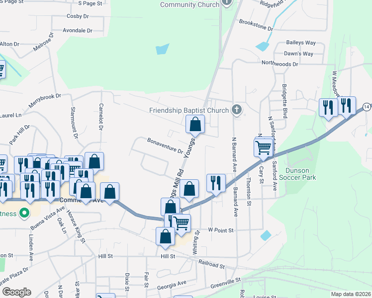 map of restaurants, bars, coffee shops, grocery stores, and more near 157 Youngs Mill Road in LaGrange