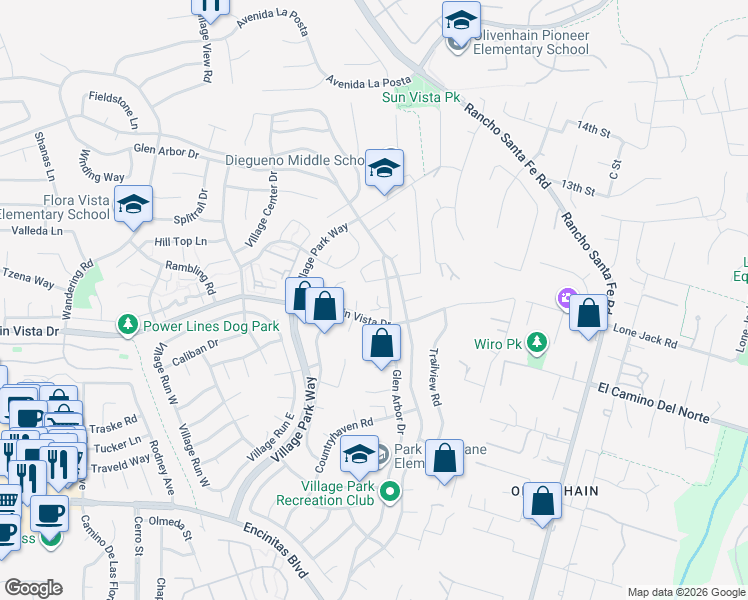 map of restaurants, bars, coffee shops, grocery stores, and more near 2014 Leafwood Place in Encinitas