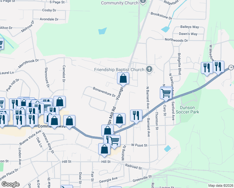map of restaurants, bars, coffee shops, grocery stores, and more near 179 Youngs Mill Road in LaGrange