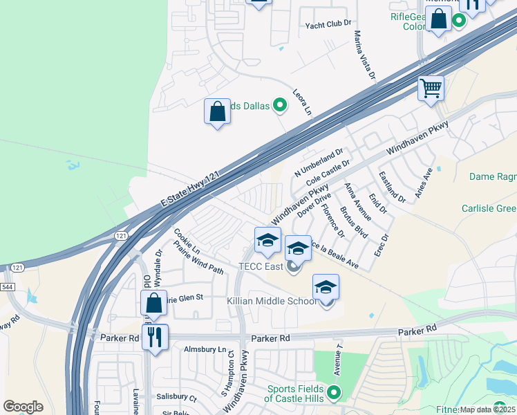 map of restaurants, bars, coffee shops, grocery stores, and more near 328 Almanor Street in Lewisville