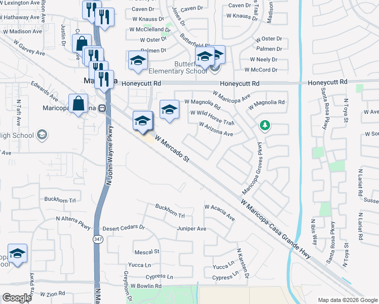 map of restaurants, bars, coffee shops, grocery stores, and more near 43881 West Cowpath Road in Maricopa