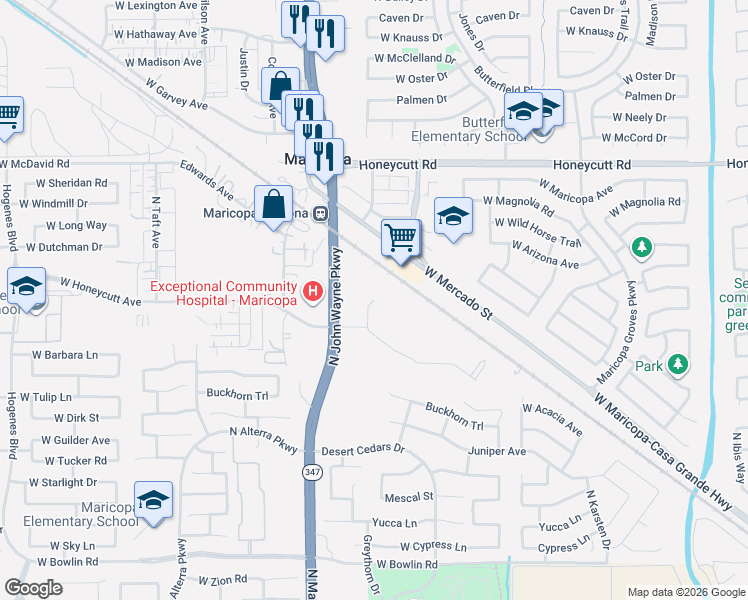 map of restaurants, bars, coffee shops, grocery stores, and more near 43990 West Honeycutt Avenue in Maricopa