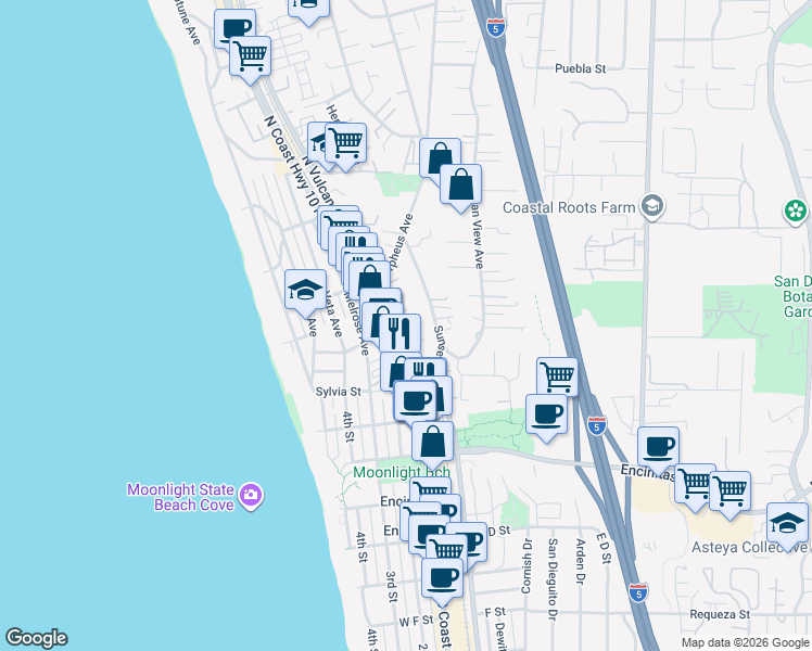 map of restaurants, bars, coffee shops, grocery stores, and more near 215 North Vulcan Avenue in Encinitas