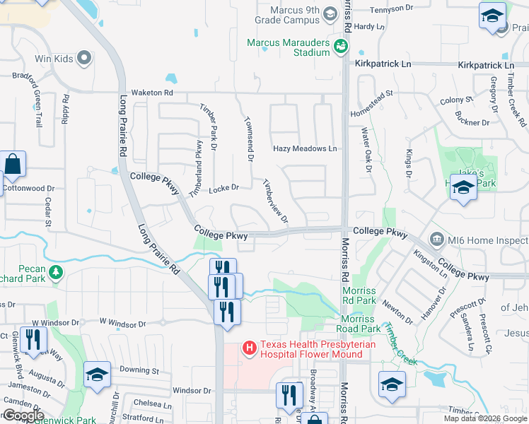 map of restaurants, bars, coffee shops, grocery stores, and more near 4920 Wolf Creek Trail in Flower Mound