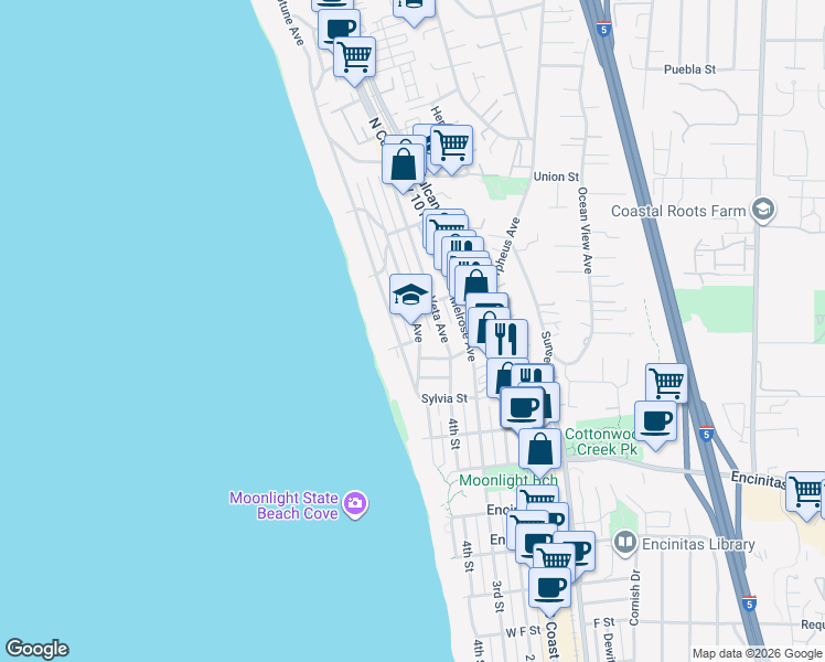 map of restaurants, bars, coffee shops, grocery stores, and more near 216 La Mesa Avenue in Encinitas