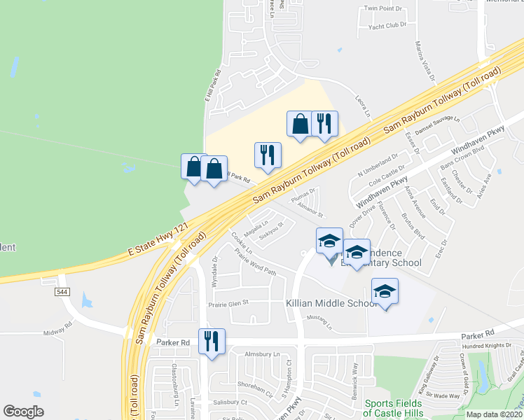 map of restaurants, bars, coffee shops, grocery stores, and more near 2413 Magalia Lane in Lewisville