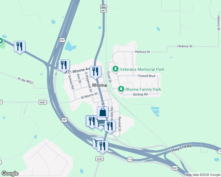 map of restaurants, bars, coffee shops, grocery stores, and more near 204 East Morris Street in Rhome