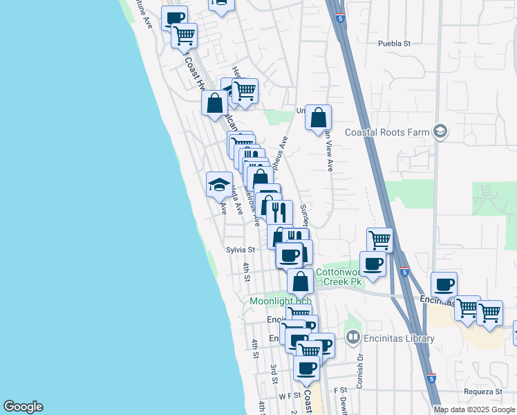 map of restaurants, bars, coffee shops, grocery stores, and more near 225 Melrose Avenue in Encinitas