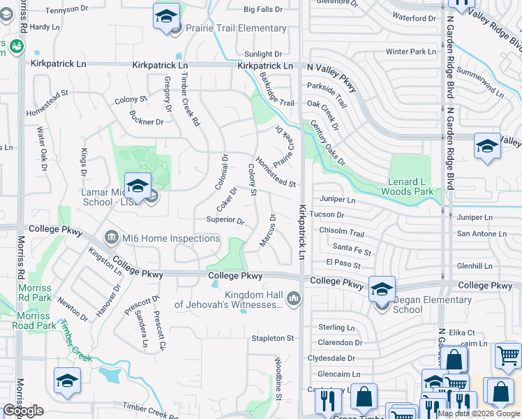 map of restaurants, bars, coffee shops, grocery stores, and more near 1040 Colony Street in Flower Mound
