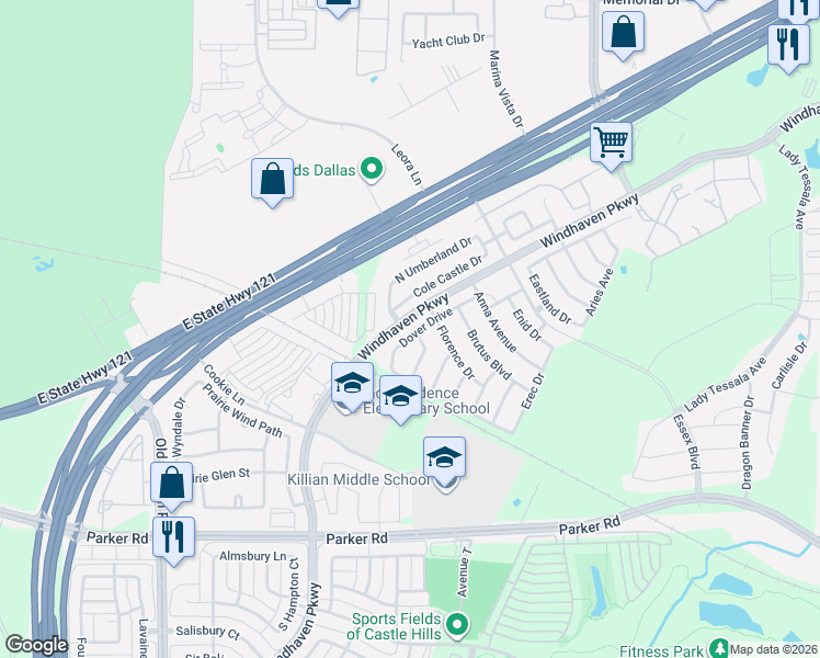 map of restaurants, bars, coffee shops, grocery stores, and more near 2541 Dover Dr in Lewisville