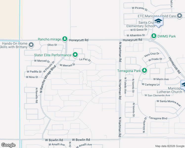map of restaurants, bars, coffee shops, grocery stores, and more near 37149 West Padilla Street in Maricopa