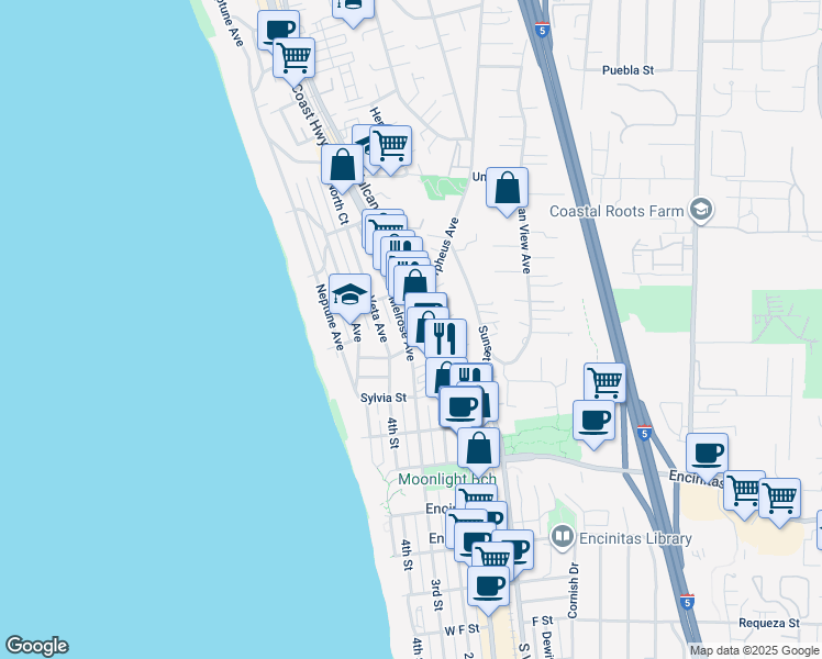 map of restaurants, bars, coffee shops, grocery stores, and more near 160 Florita Street in Encinitas