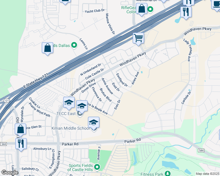 map of restaurants, bars, coffee shops, grocery stores, and more near 305 Anna Avenue in Lewisville