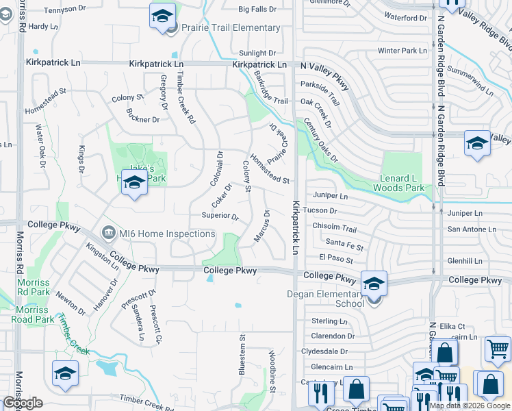 map of restaurants, bars, coffee shops, grocery stores, and more near 1046 Colony Street in Flower Mound