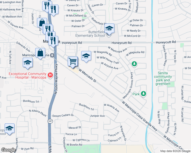 map of restaurants, bars, coffee shops, grocery stores, and more near 43971 West Cowpath Road in Maricopa
