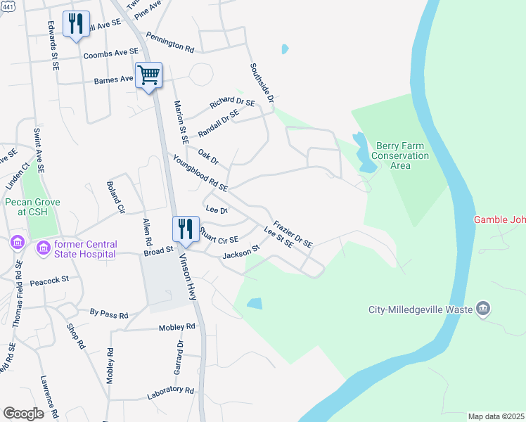 map of restaurants, bars, coffee shops, grocery stores, and more near 129 Lee Street Southeast in Milledgeville