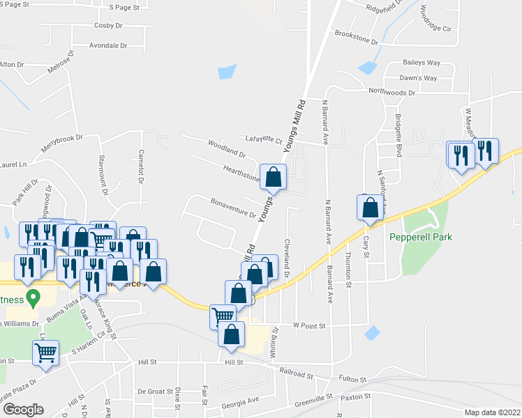 map of restaurants, bars, coffee shops, grocery stores, and more near 183 Youngs Mill Road in LaGrange