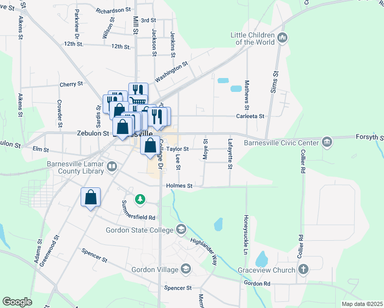 map of restaurants, bars, coffee shops, grocery stores, and more near 322 Lee Street in Barnesville