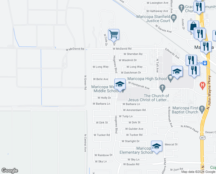 map of restaurants, bars, coffee shops, grocery stores, and more near 45993 West Sonny Road in Maricopa