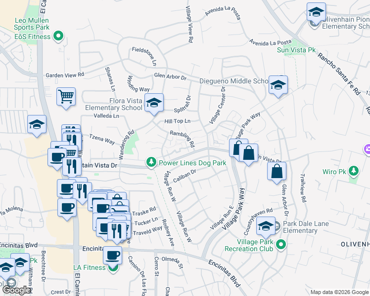 map of restaurants, bars, coffee shops, grocery stores, and more near 1749 Edgefield Lane in Encinitas