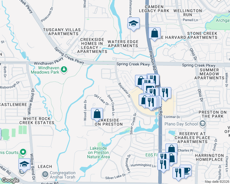 map of restaurants, bars, coffee shops, grocery stores, and more near 5124 Lake Falls Drive in Plano