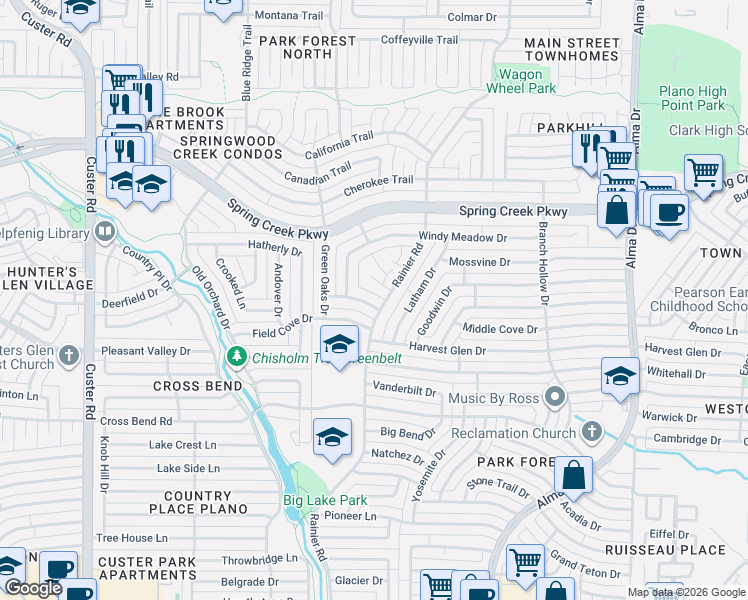 map of restaurants, bars, coffee shops, grocery stores, and more near 1503 Field Cove Drive in Plano