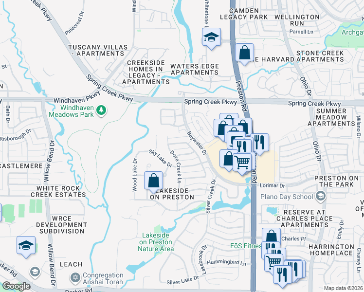 map of restaurants, bars, coffee shops, grocery stores, and more near 5124 Lake Falls Drive in Plano