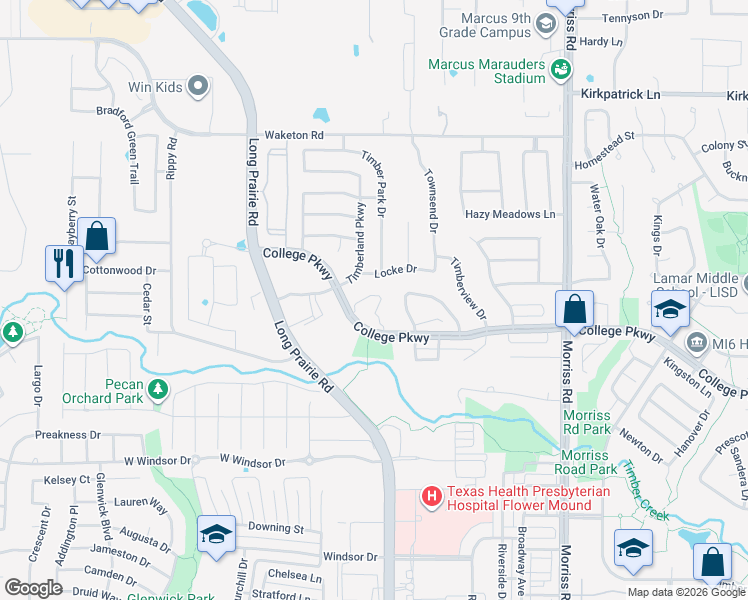 map of restaurants, bars, coffee shops, grocery stores, and more near 4979 Wolf Creek Trail in Flower Mound