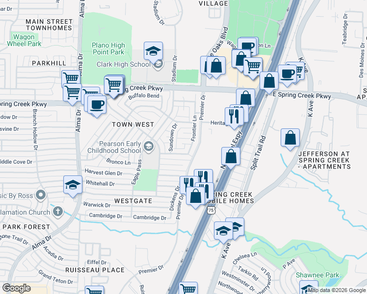 map of restaurants, bars, coffee shops, grocery stores, and more near 408 Tucson Court in Plano