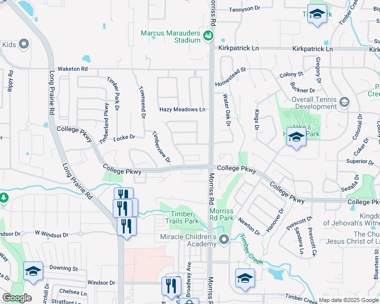 map of restaurants, bars, coffee shops, grocery stores, and more near 2216 Woodview Drive in Flower Mound