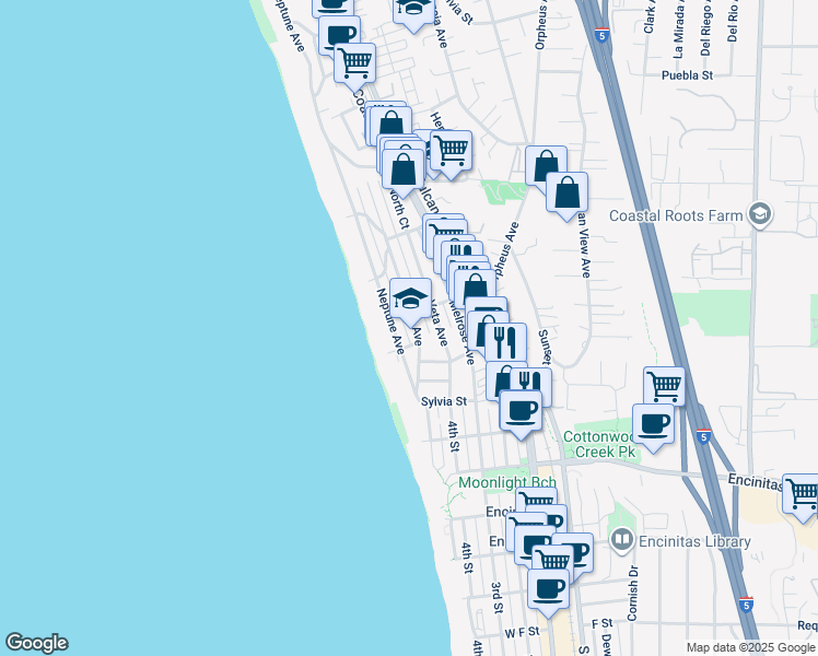 map of restaurants, bars, coffee shops, grocery stores, and more near 232 La Mesa Avenue in Encinitas