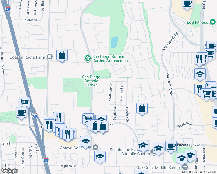 map of restaurants, bars, coffee shops, grocery stores, and more near 702 Foxglove Street in Encinitas