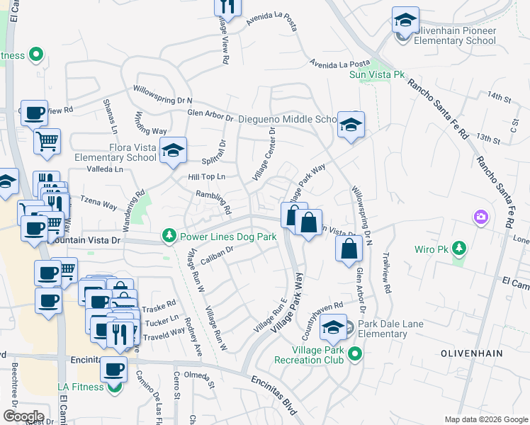 map of restaurants, bars, coffee shops, grocery stores, and more near 1971 Azure Way in Encinitas