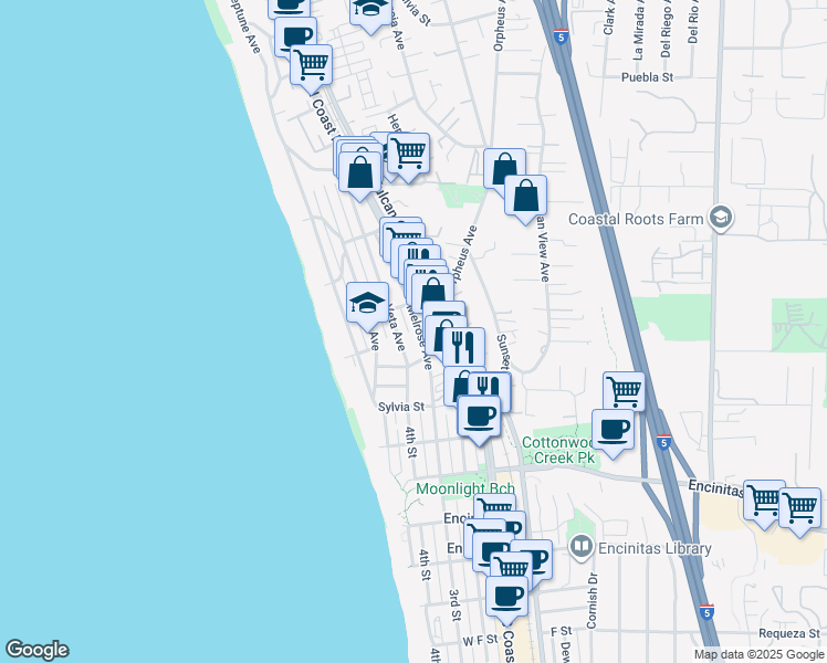 map of restaurants, bars, coffee shops, grocery stores, and more near 274 North Coast Highway 101 in Encinitas