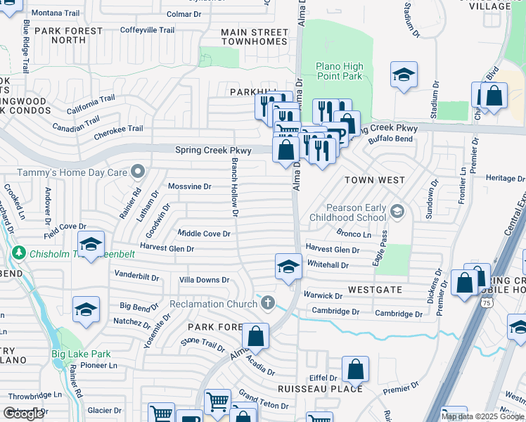 map of restaurants, bars, coffee shops, grocery stores, and more near 941 Goodwin Drive in Plano