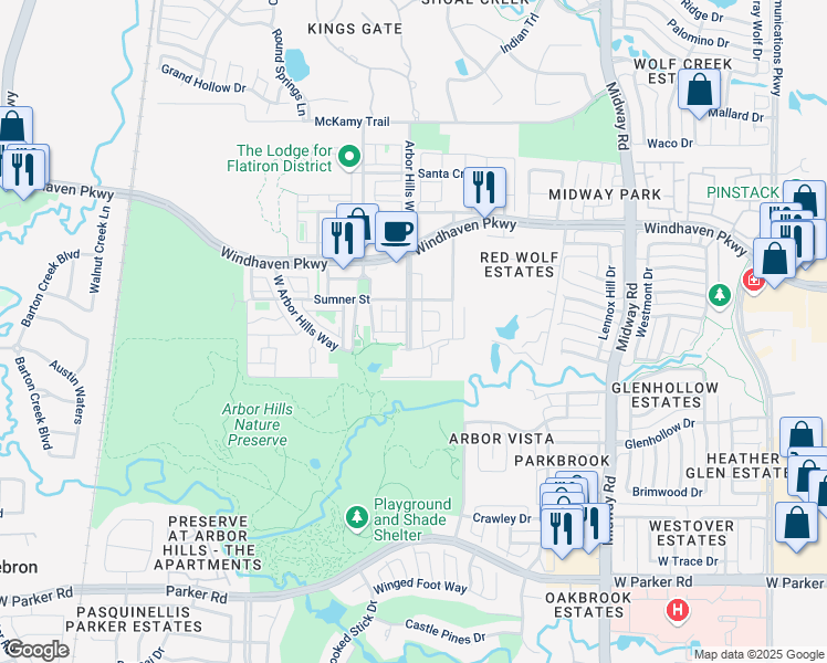 map of restaurants, bars, coffee shops, grocery stores, and more near 5757 Arbor Hills Way in The Colony
