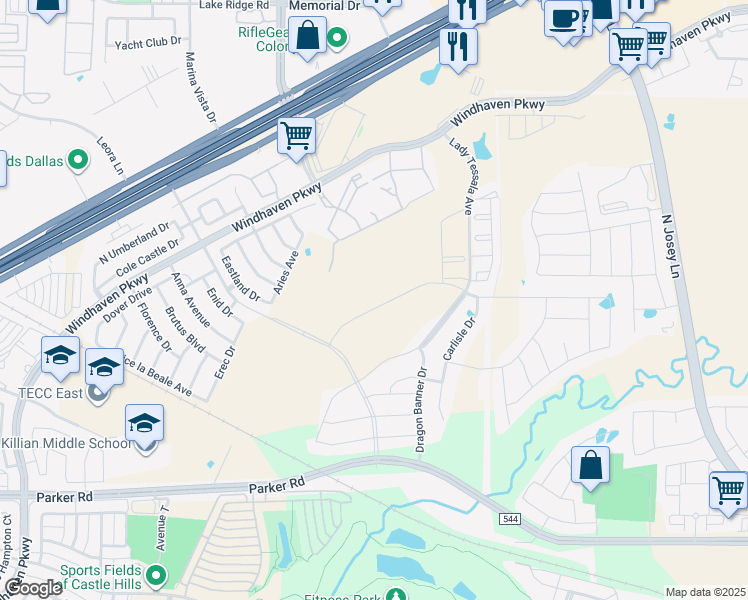 map of restaurants, bars, coffee shops, grocery stores, and more near Aries Avenue in The Colony