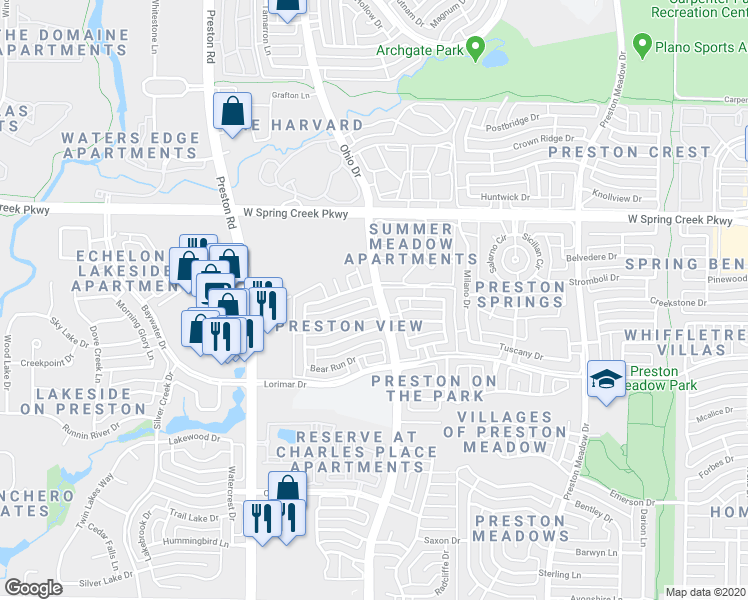 map of restaurants, bars, coffee shops, grocery stores, and more near 5800 Coldcreek Court in Plano