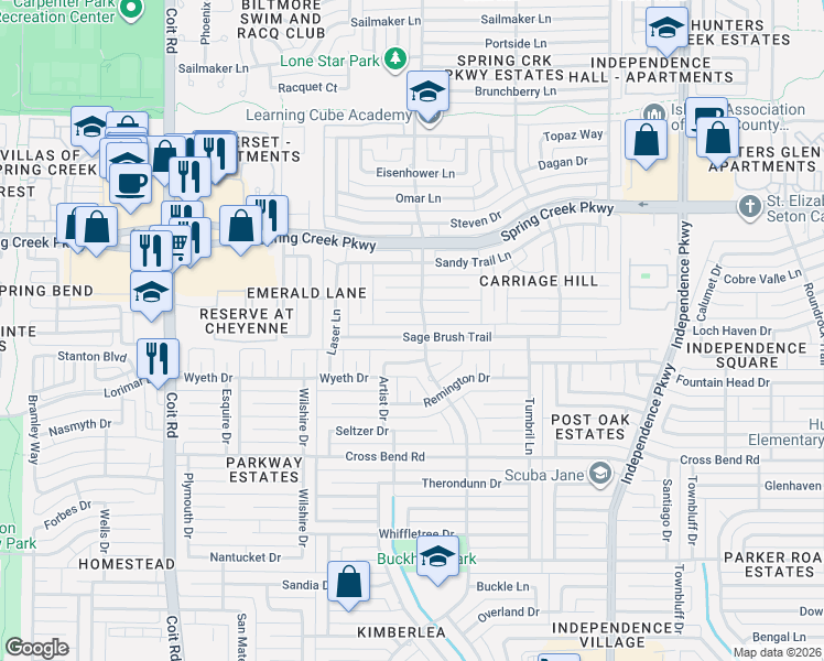 map of restaurants, bars, coffee shops, grocery stores, and more near 3429 Caleche Court in Plano
