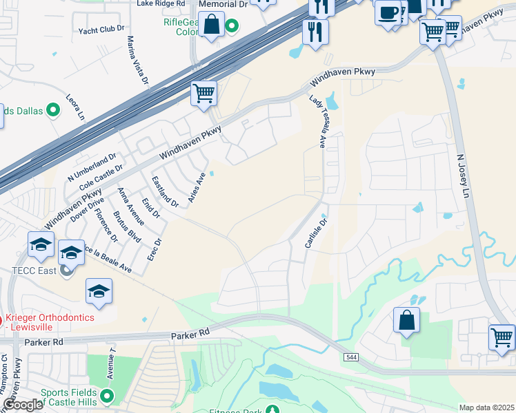 map of restaurants, bars, coffee shops, grocery stores, and more near 2901 Lady Bettye Drive in Lewisville