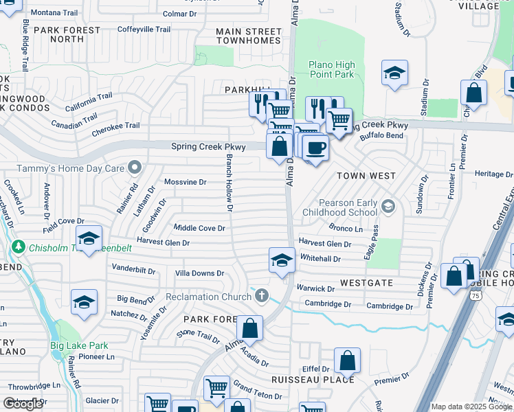 map of restaurants, bars, coffee shops, grocery stores, and more near 941 Goodwin Drive in Plano