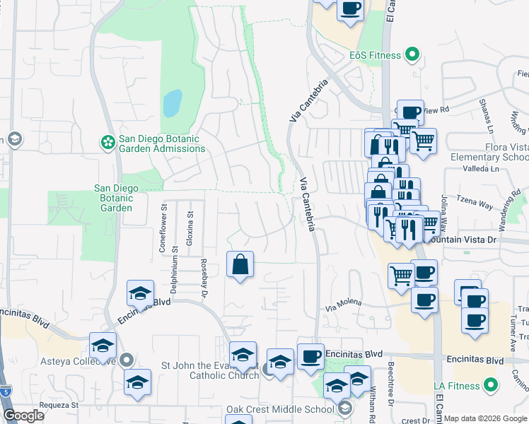 map of restaurants, bars, coffee shops, grocery stores, and more near 553 Hidden Ridge Court in Encinitas