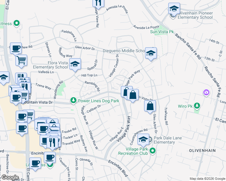 map of restaurants, bars, coffee shops, grocery stores, and more near 1963 Azure Way in Encinitas