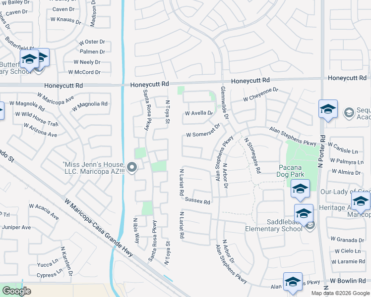 map of restaurants, bars, coffee shops, grocery stores, and more near 19192 North Lariat Road in Maricopa