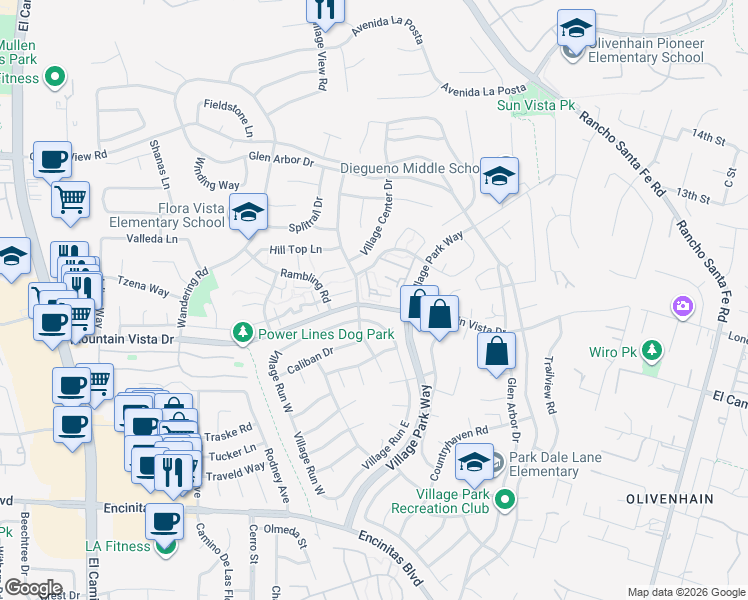 map of restaurants, bars, coffee shops, grocery stores, and more near 1914 Azure Way in Encinitas